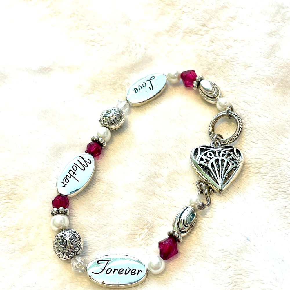 Silver and garnet colored Love bracelet with “Mother” beads